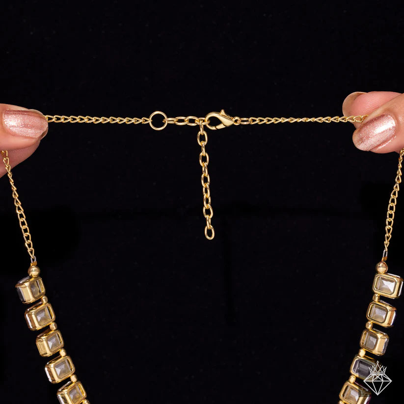 Gold Plated, Single-Line Emerald Necklace Set With Earrings