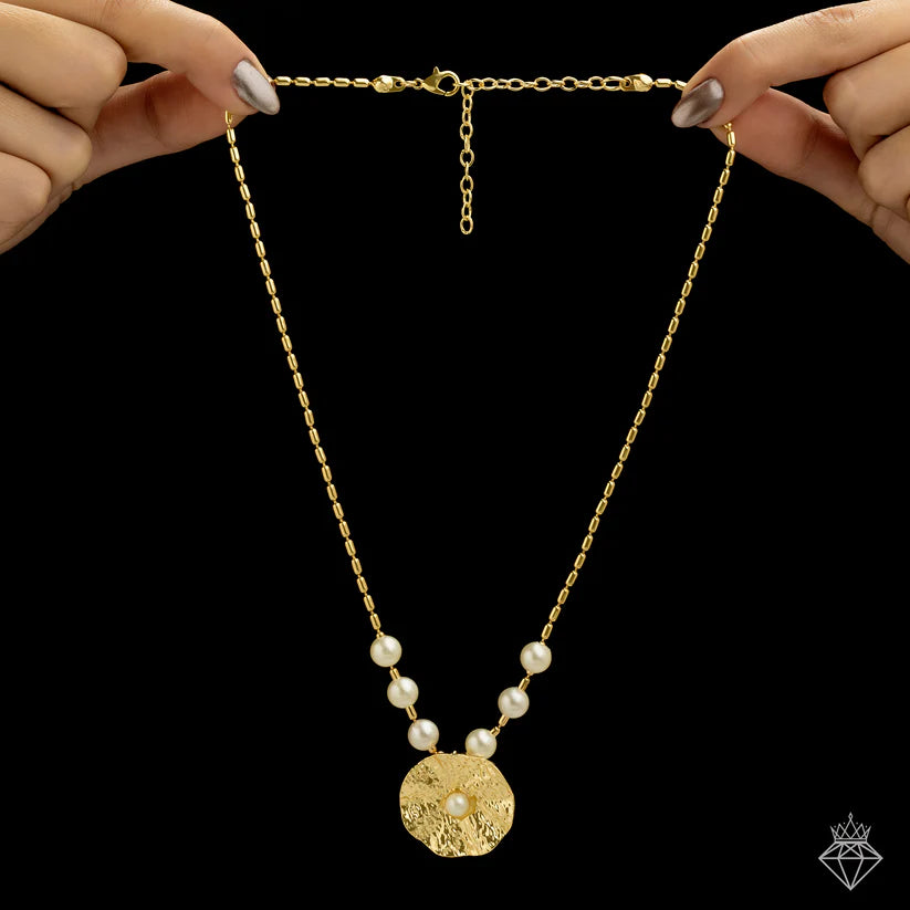 Gold Plated, Anti-Tarnish Hammered Pearl Necklace With Earrings✨