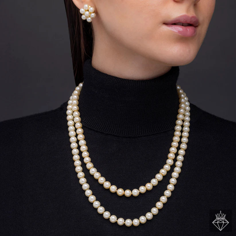 Gold Plated, Multilayer Pearl Necklace Set With Earrings✨