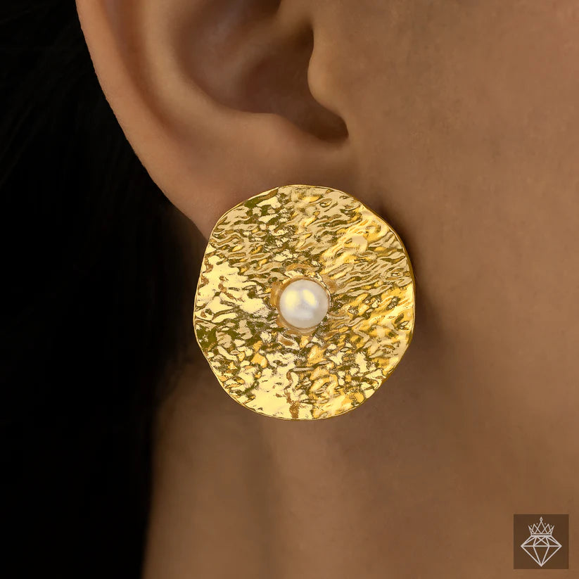Gold Plated, Anti-Tarnish Hammered Pearl Necklace With Earrings✨