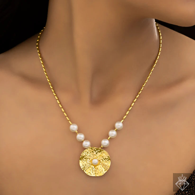 Gold Plated, Anti-Tarnish Hammered Pearl Necklace With Earrings✨