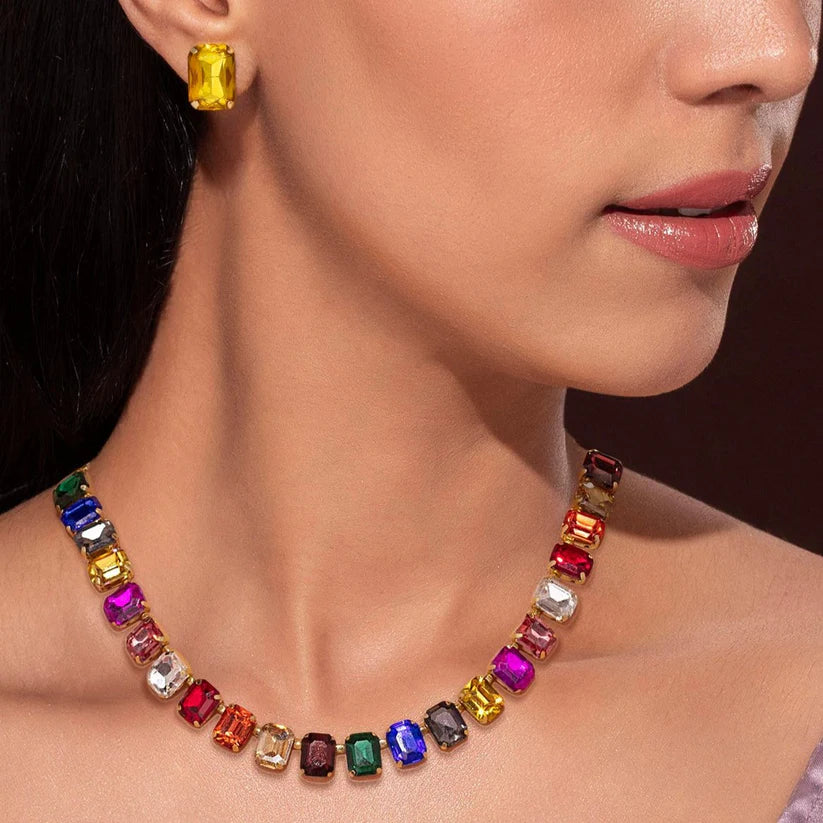 Gold Plated, Multicolour Crystal Necklace Set With Earrings✨