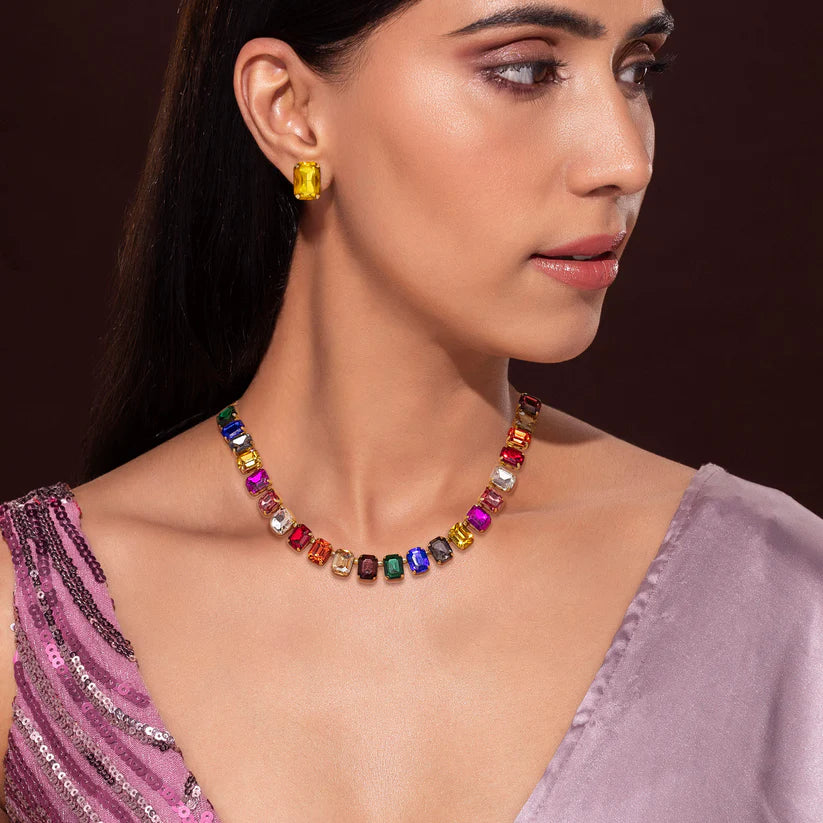 Gold Plated, Multicolour Crystal Necklace Set With Earrings✨