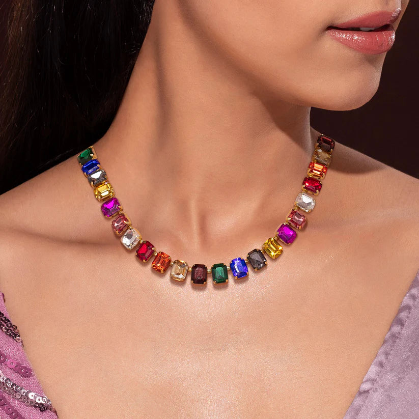 Gold Plated, Multicolour Crystal Necklace Set With Earrings✨