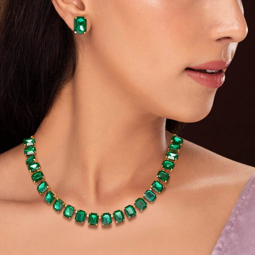 Gold Plated, Single-Line Emerald Necklace Set With Earrings