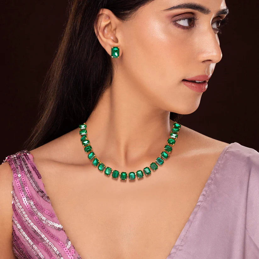 Gold Plated, Single-Line Emerald Necklace Set With Earrings