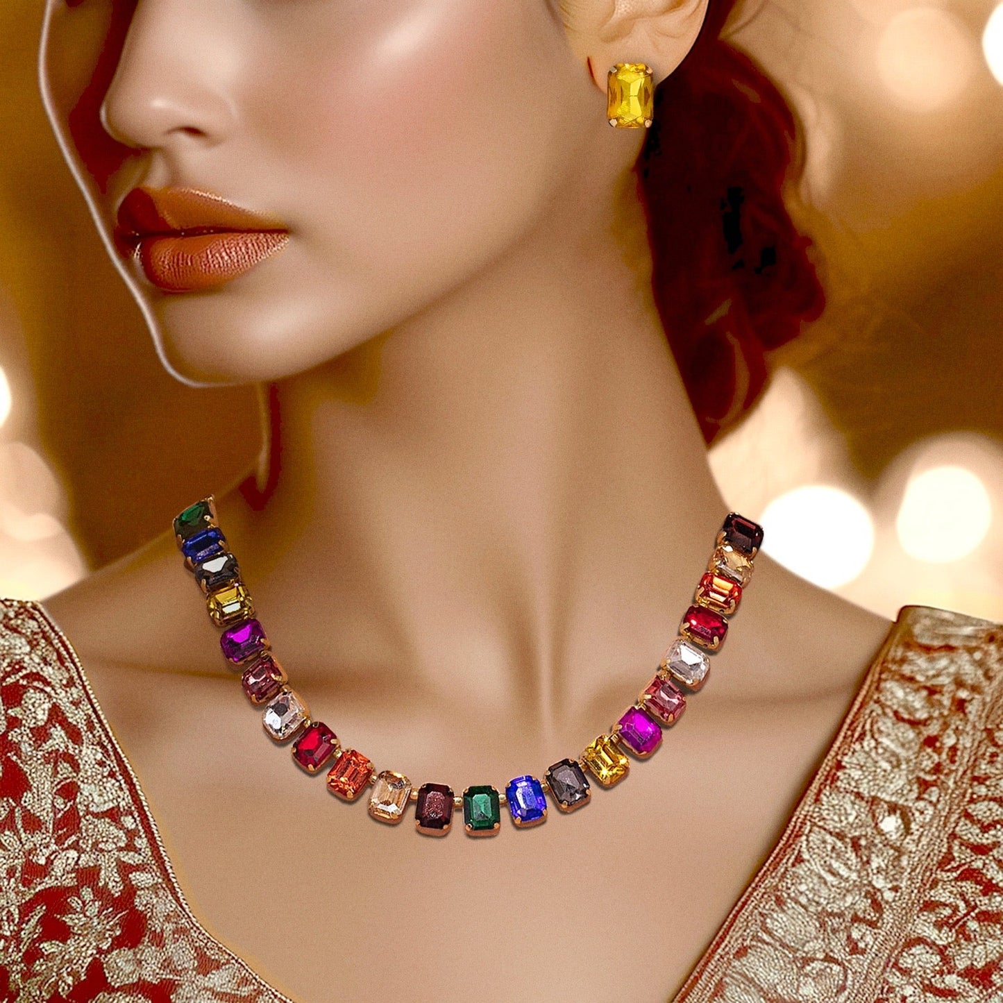 Gold Plated, Multicolour Crystal Necklace Set With Earrings✨