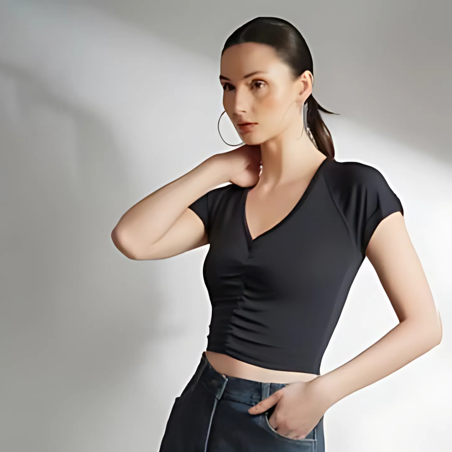 Black Solid Ribbed Crop top for Women