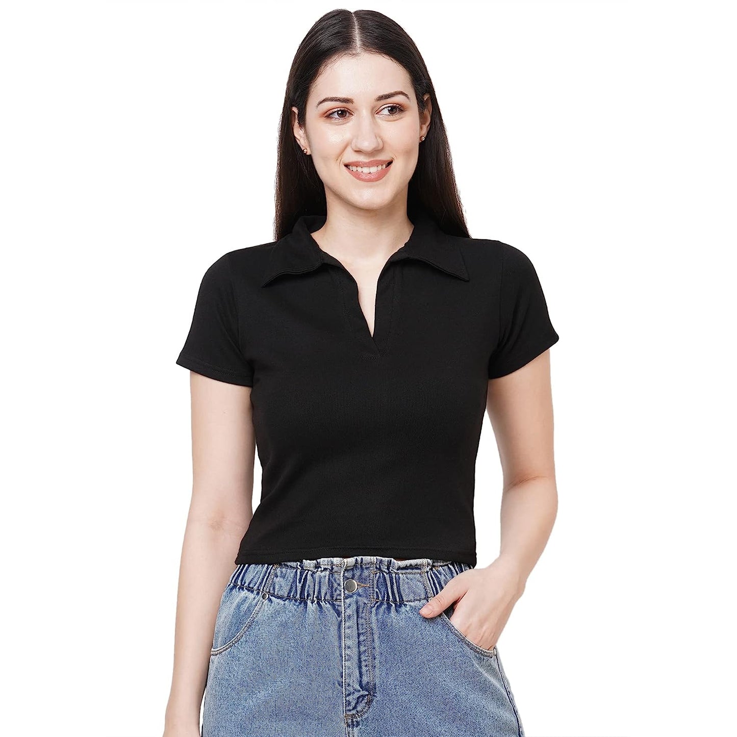 Black Rib Collar crop top for women