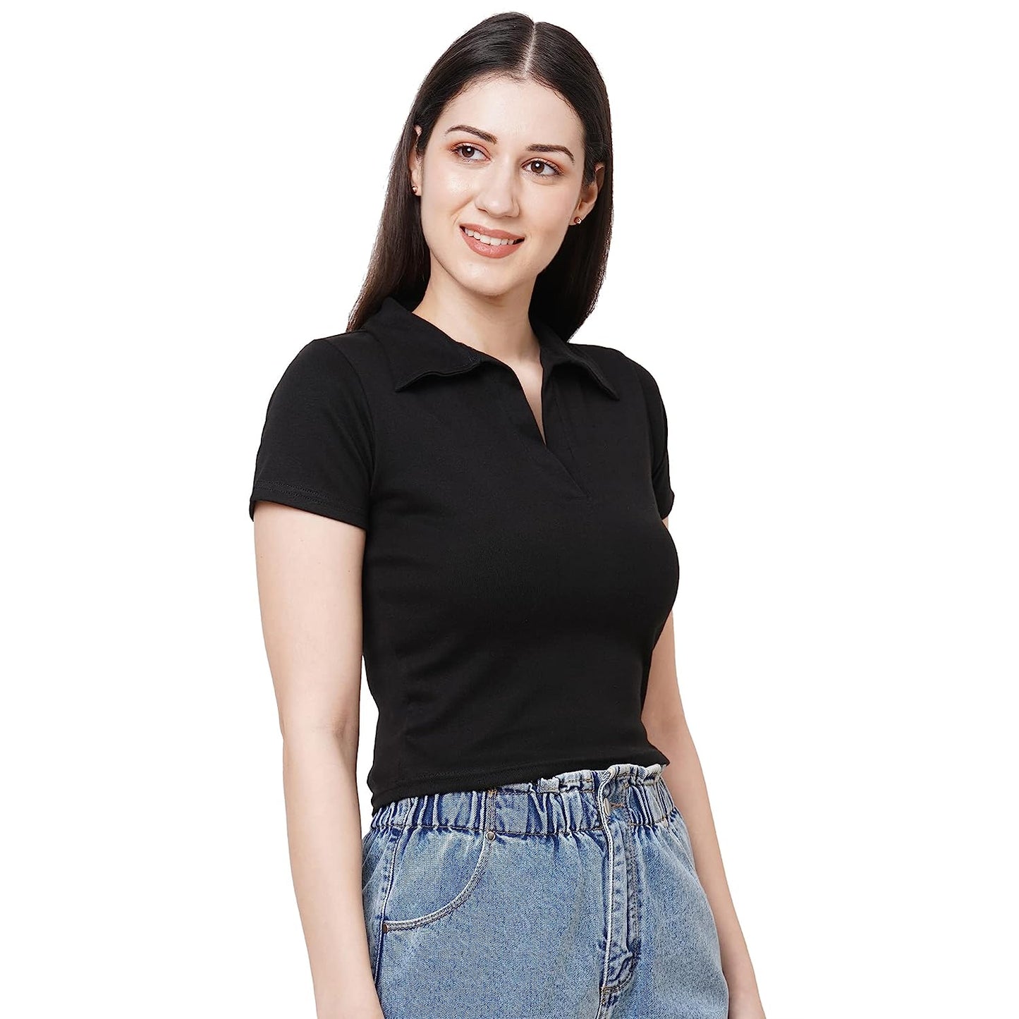 Black Rib Collar crop top for women