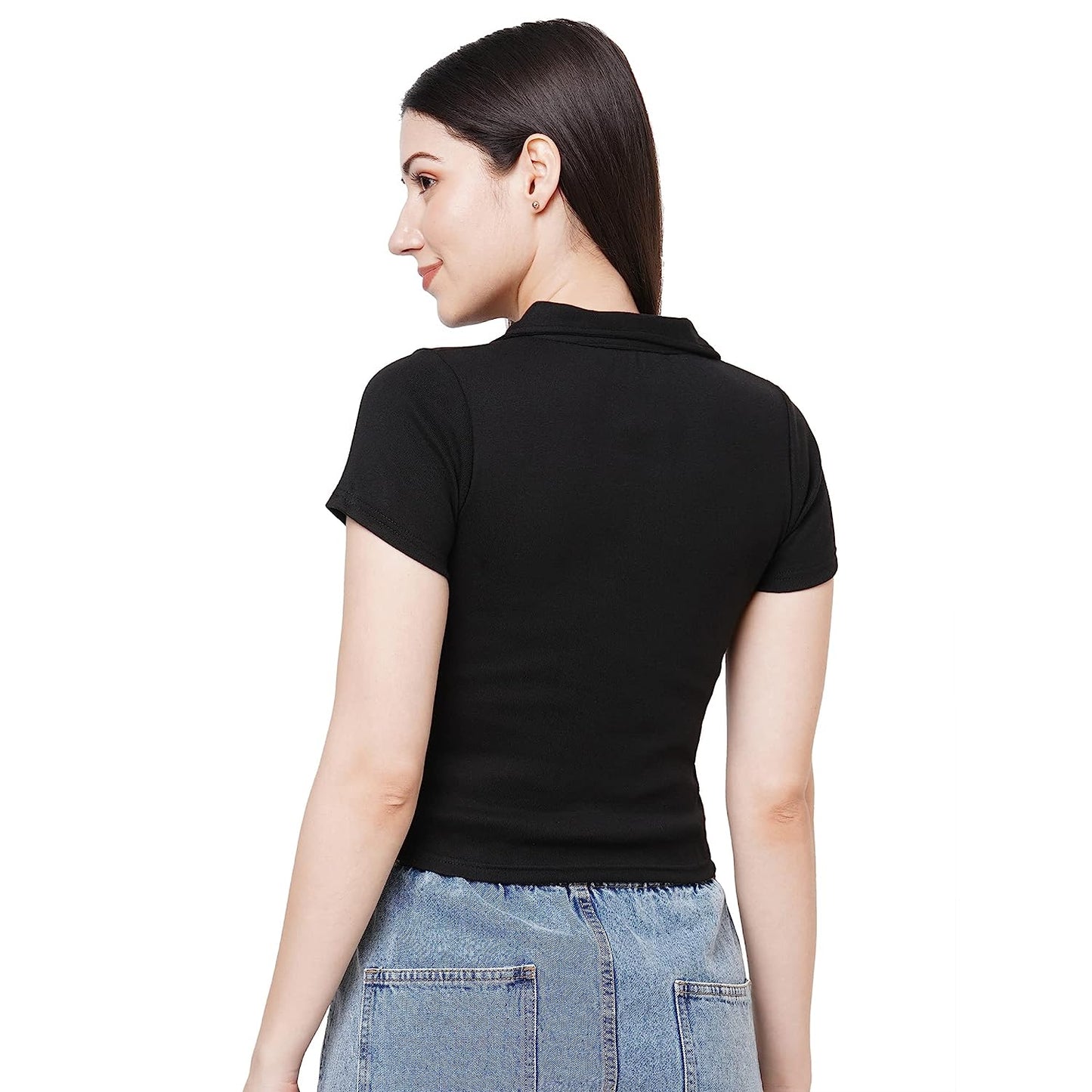 Black Rib Collar crop top for women