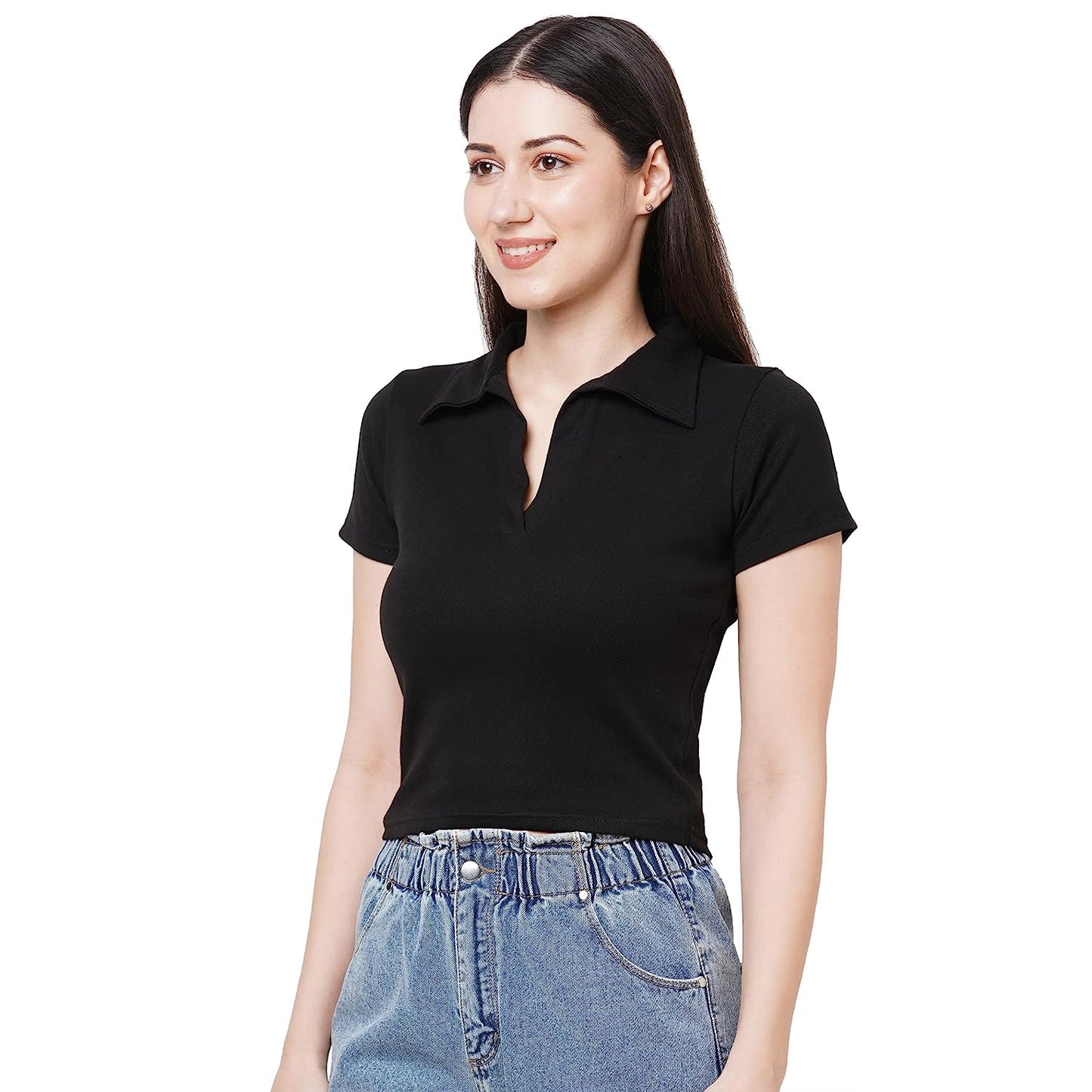 Black Rib Collar crop top for women