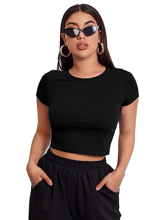 Black Rib Round Neck crop top for women