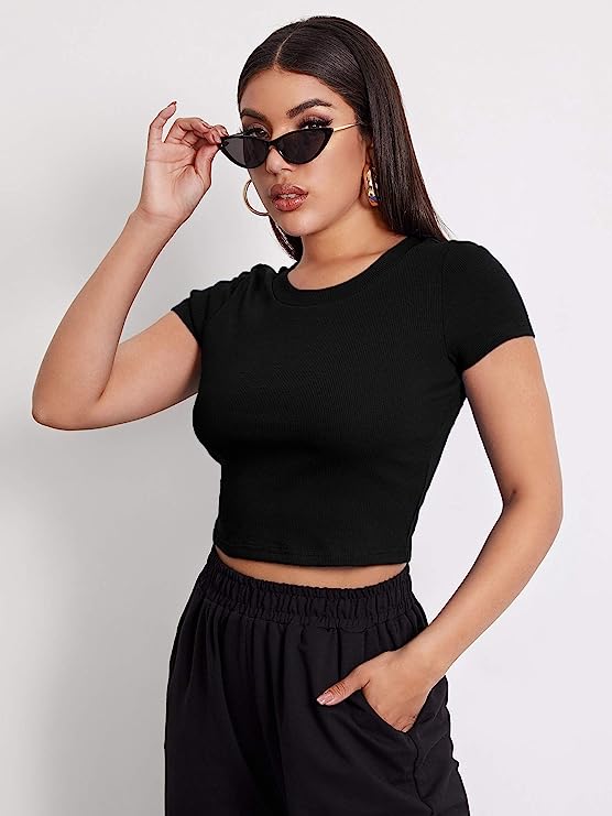 Black Rib Round Neck crop top for women