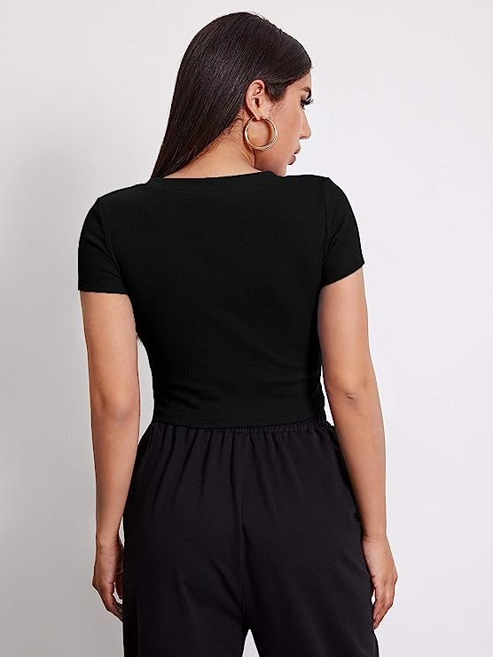 Black Rib Round Neck crop top for women