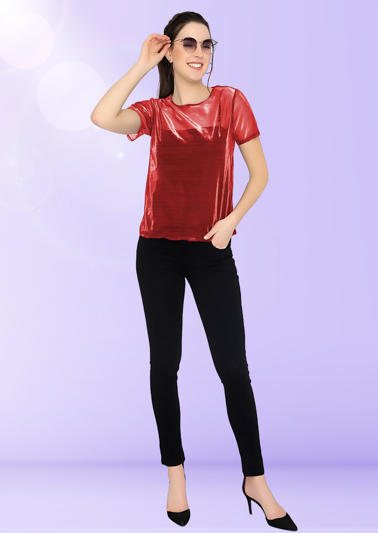 Red Shimmer Fabric Party Top for Women