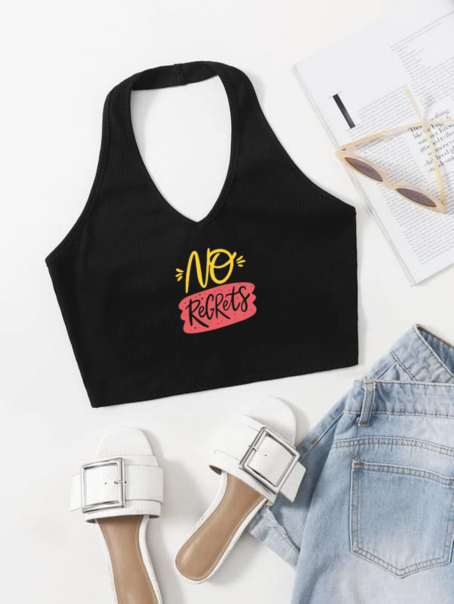 Printed Black Rib crop top for women