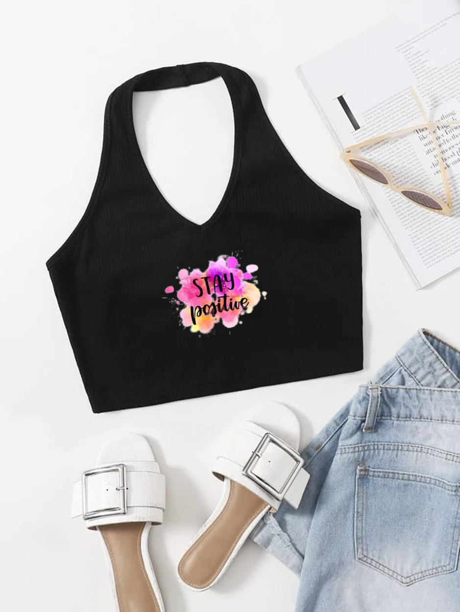 Printed Black Rib crop top for women