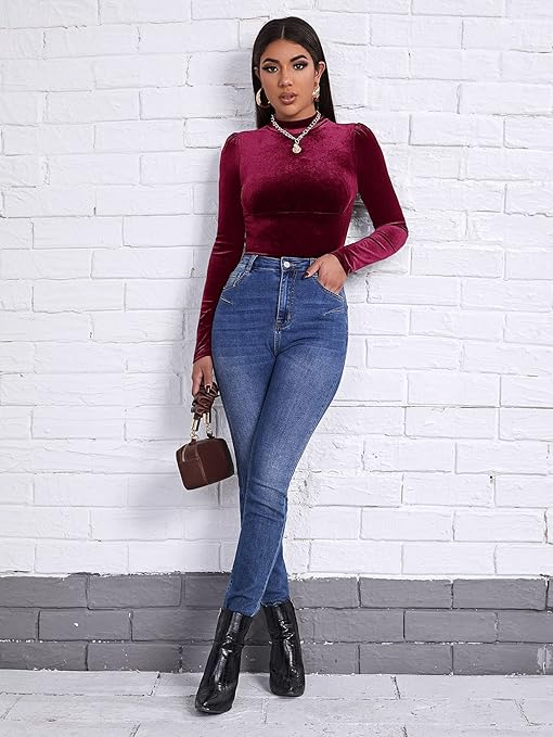 High Neck Velvet Top for Women