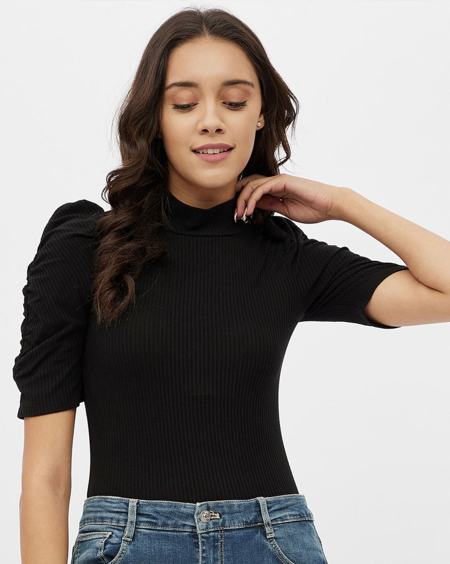 Black Rib Turtle Neck crop top for women