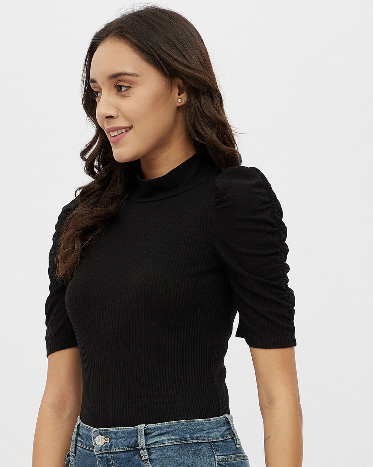 Black Rib Turtle Neck crop top for women