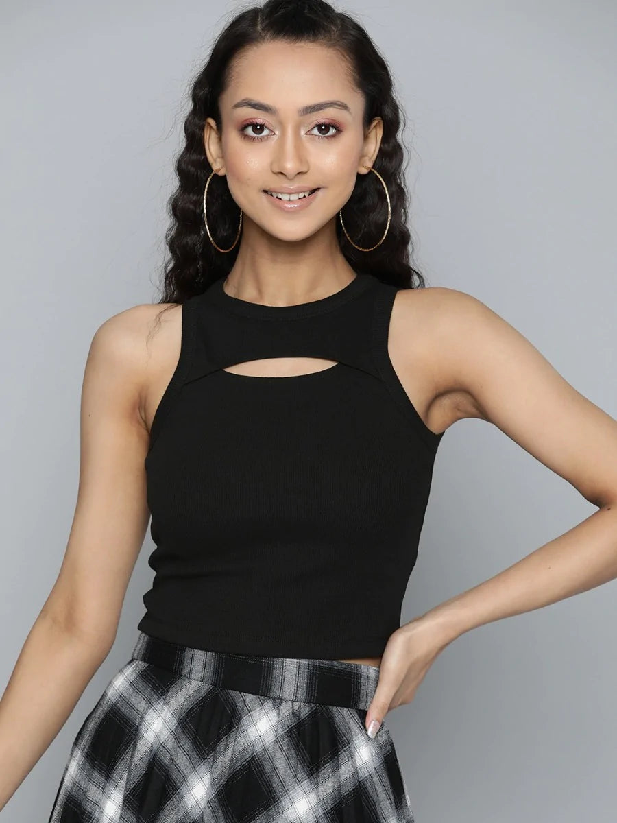 Black Rib Cutout Neck crop top for women