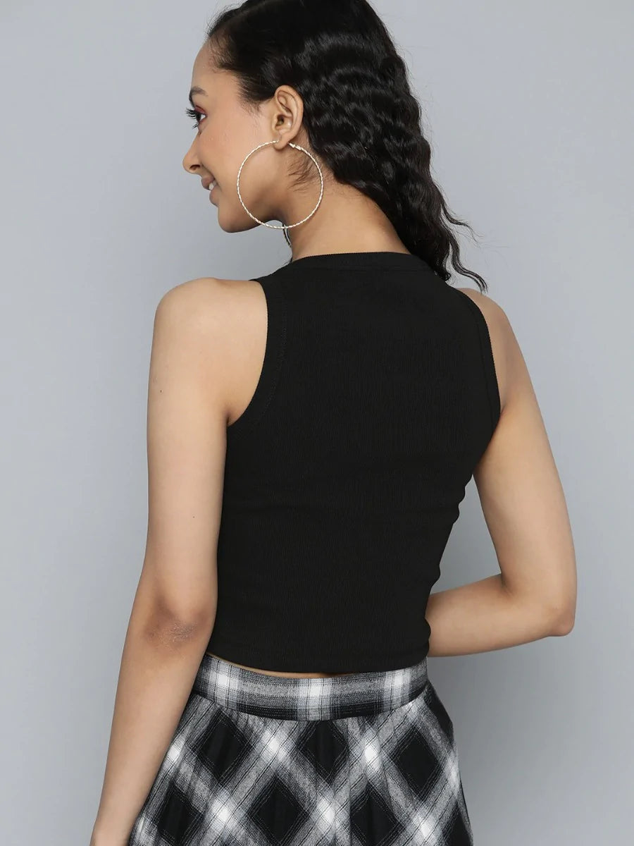 Black Rib Cutout Neck crop top for women