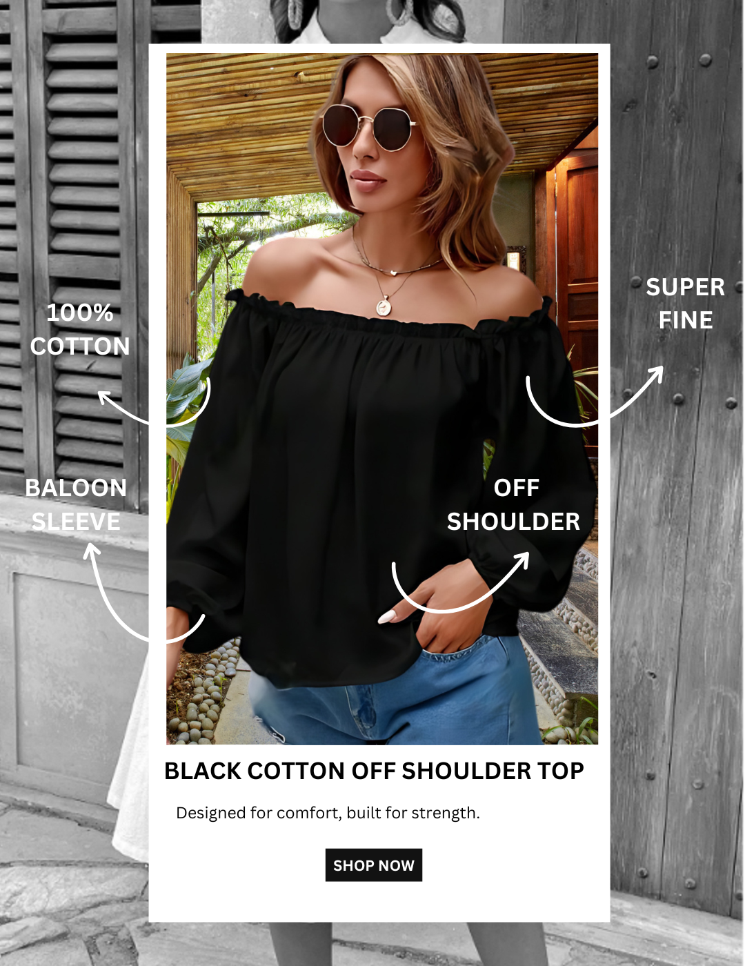 Black Off-Shoulder 100% Cotton Top for Women | High-Quality | Sizes XS to 3XL