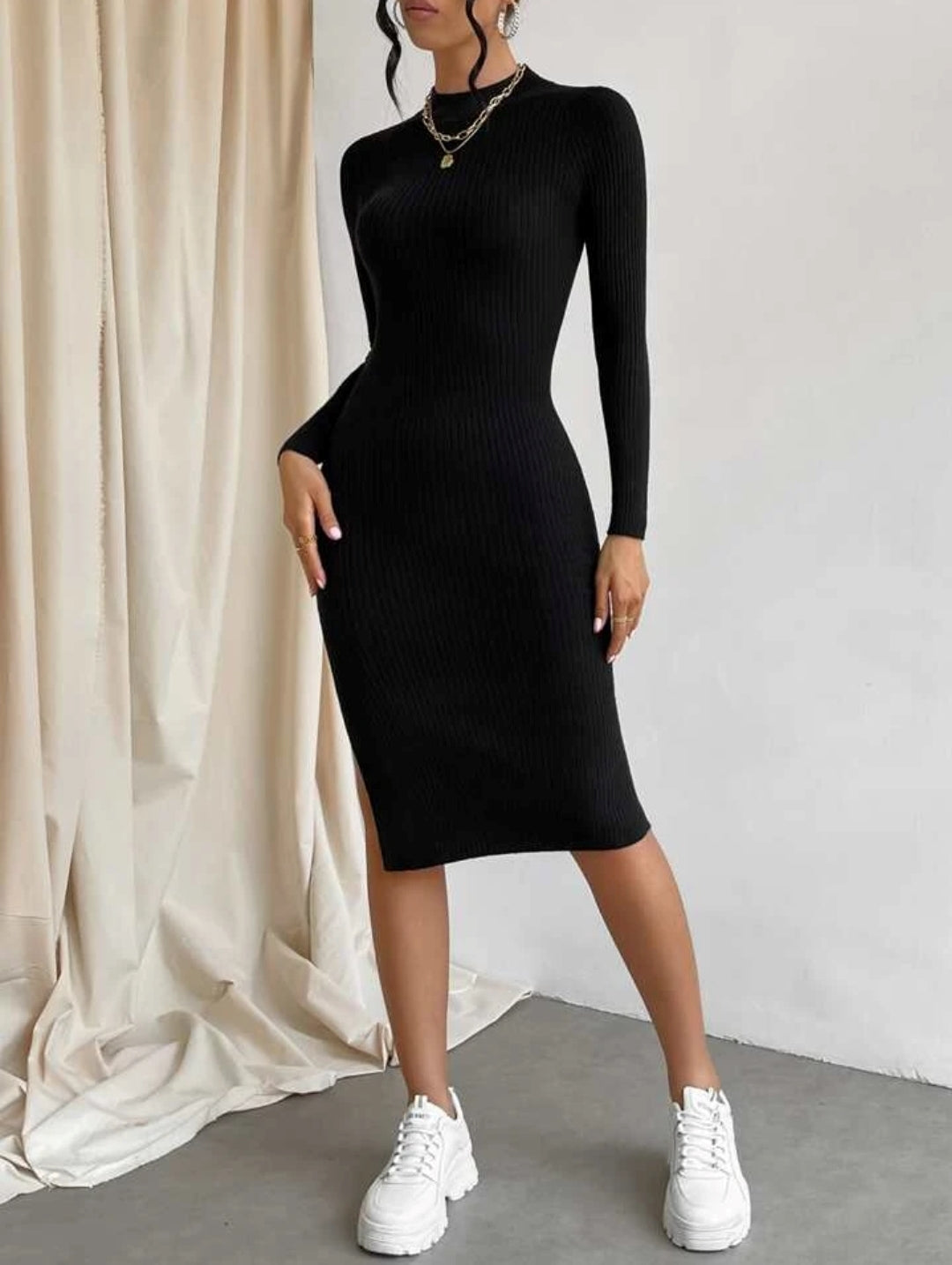 Black High Neck ribbed Dress for Women
