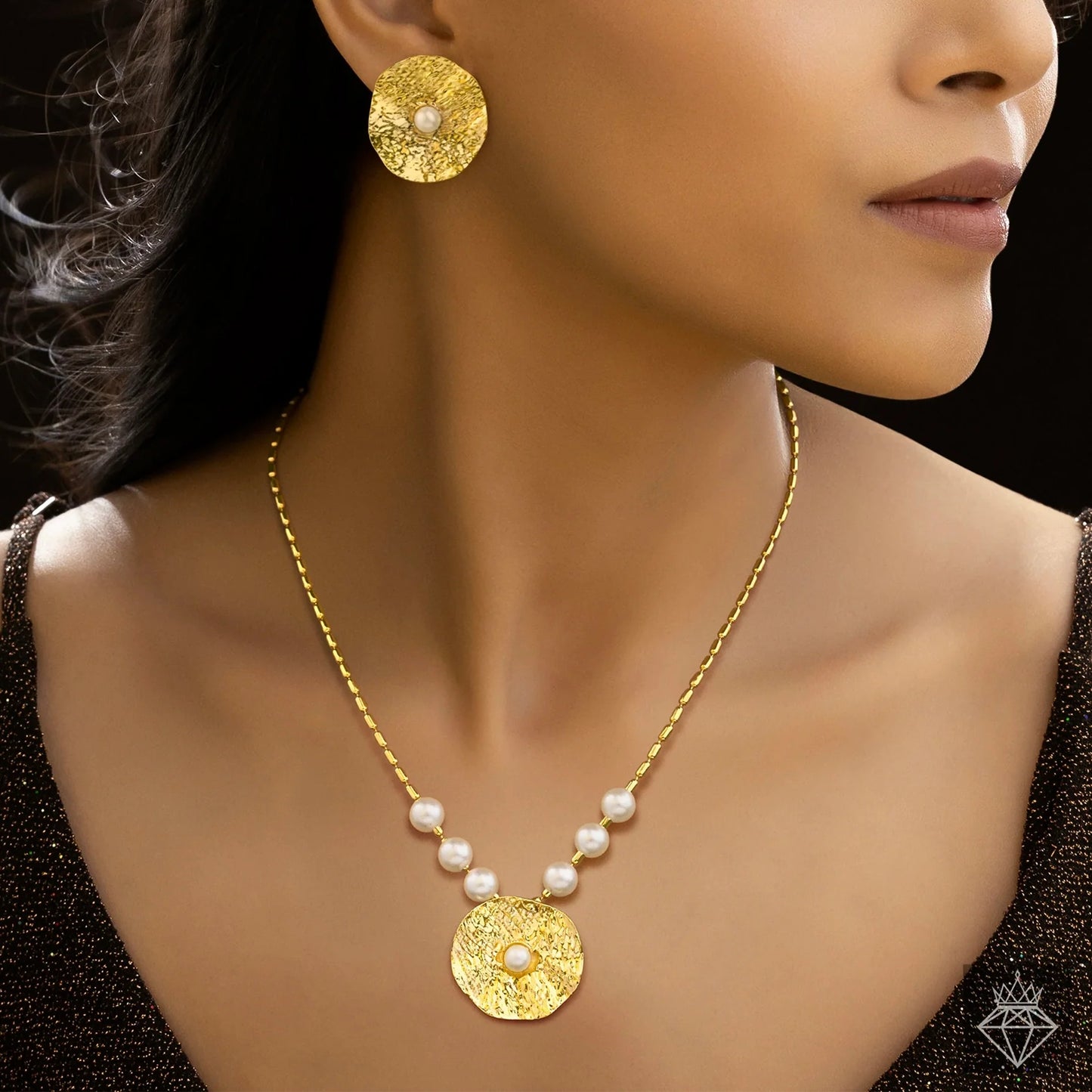 Gold Plated, Anti-Tarnish Hammered Pearl Necklace With Earrings✨