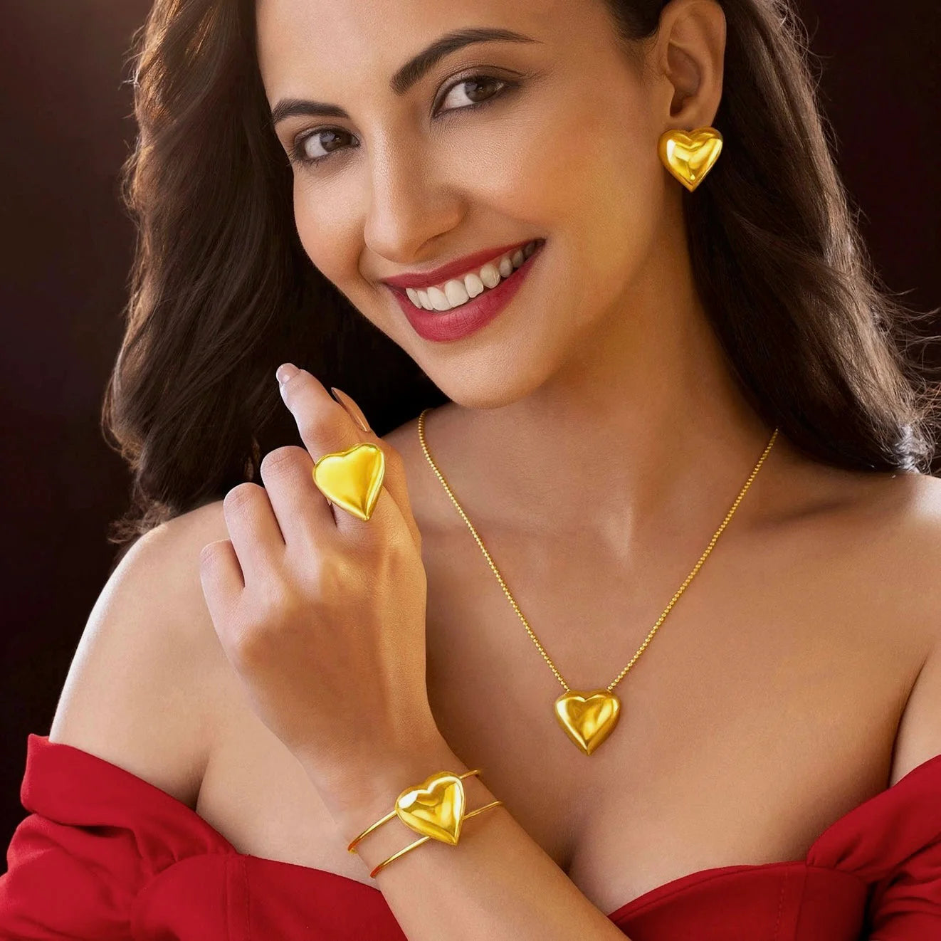 Gold Plated, Anti-Tarnish Golden Heart Necklace Set With Earrings, Bracelet & Ring (Adjustable Size)