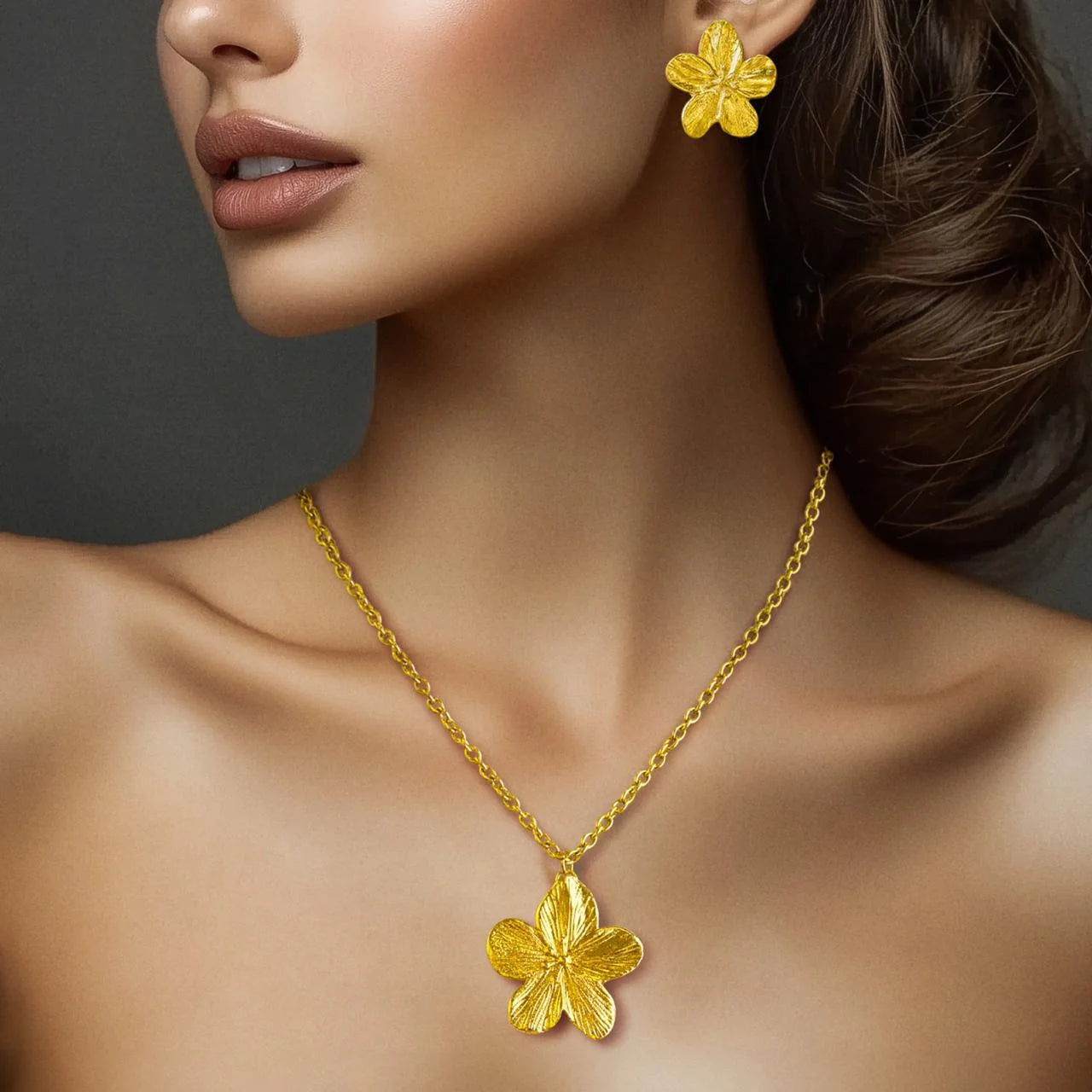 Gold Plated, Anti-Tarnish Lily Flower Necklace Set With Earrings✨