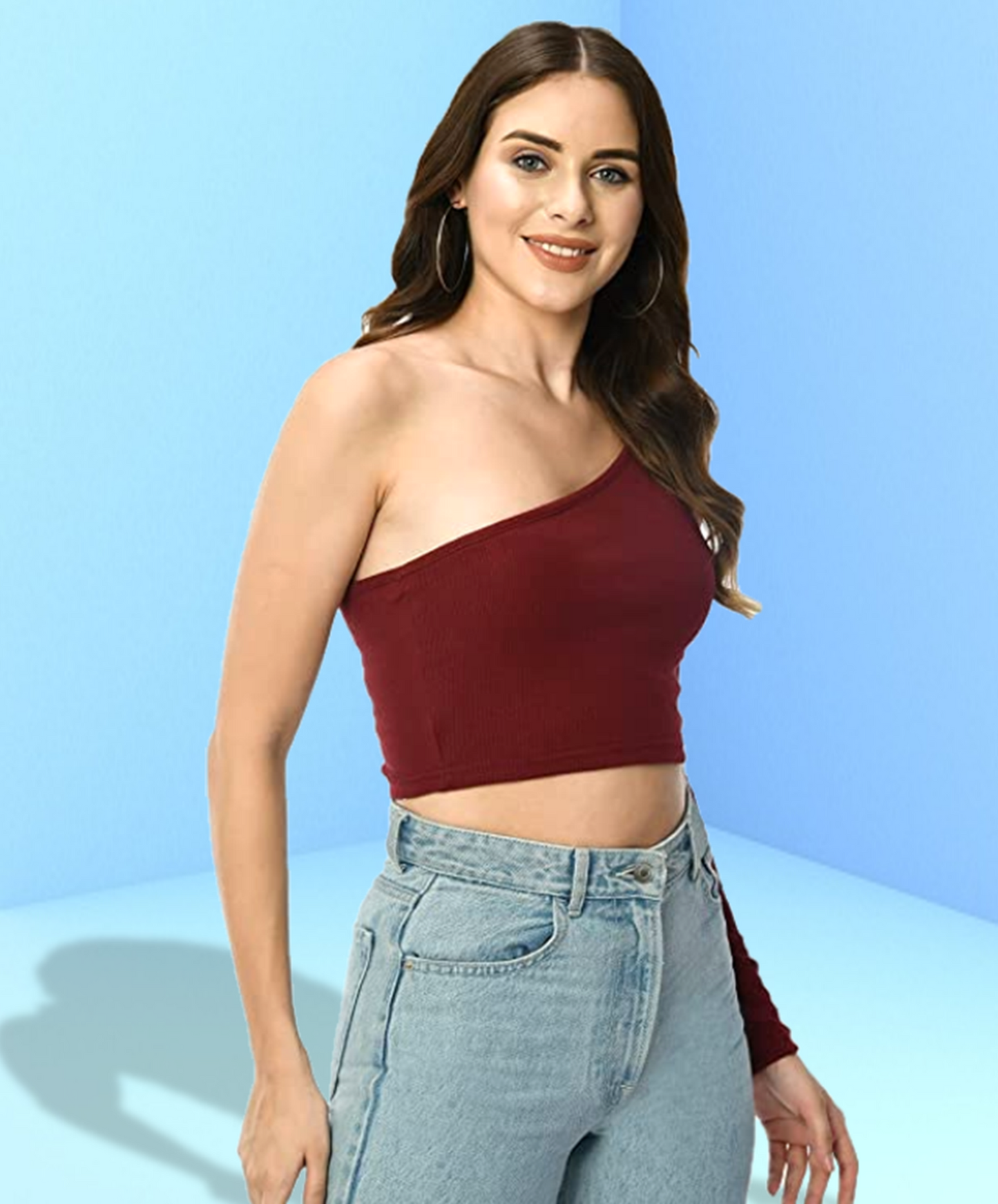 One shoulder solid Maroon top for women