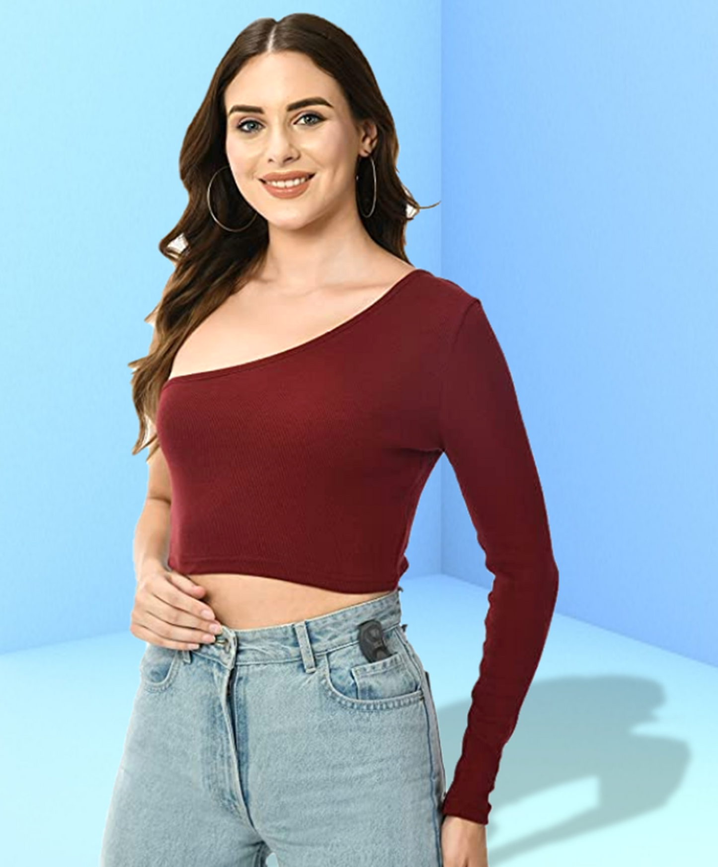One shoulder solid Maroon top for women
