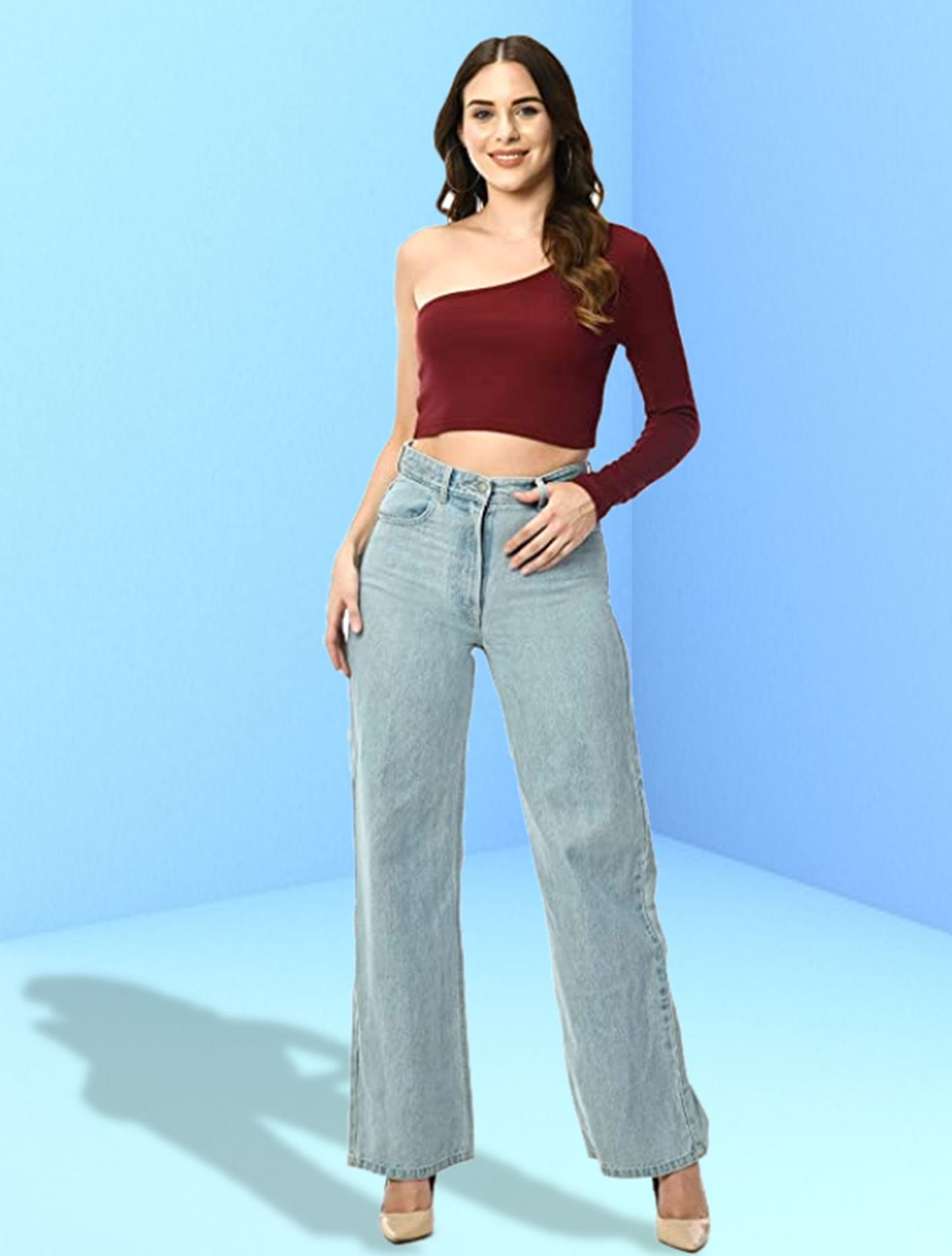 One shoulder solid Maroon top for women