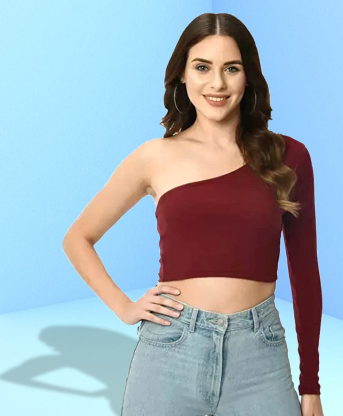 One shoulder solid Maroon top for women