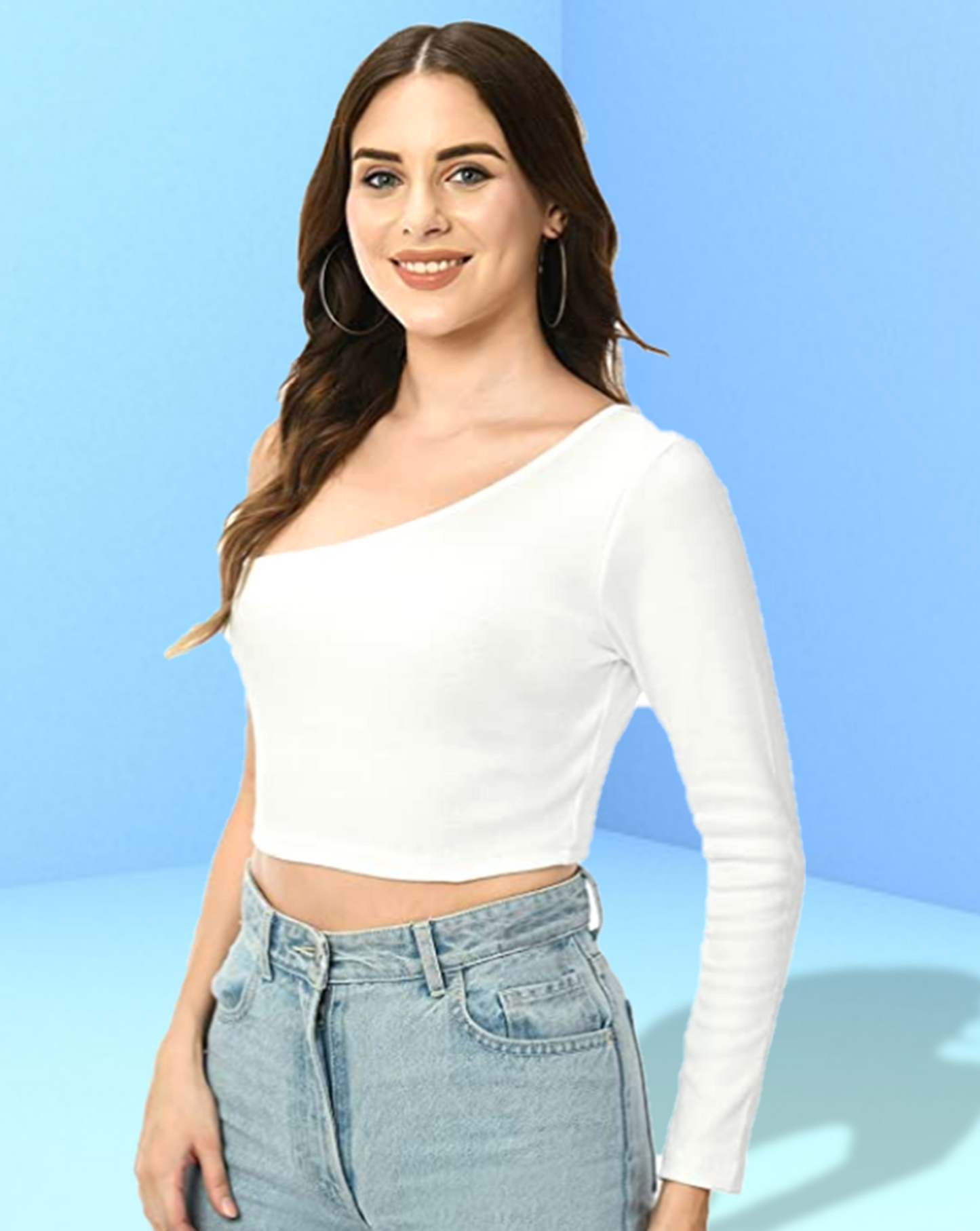 One shoulder solid white top for women