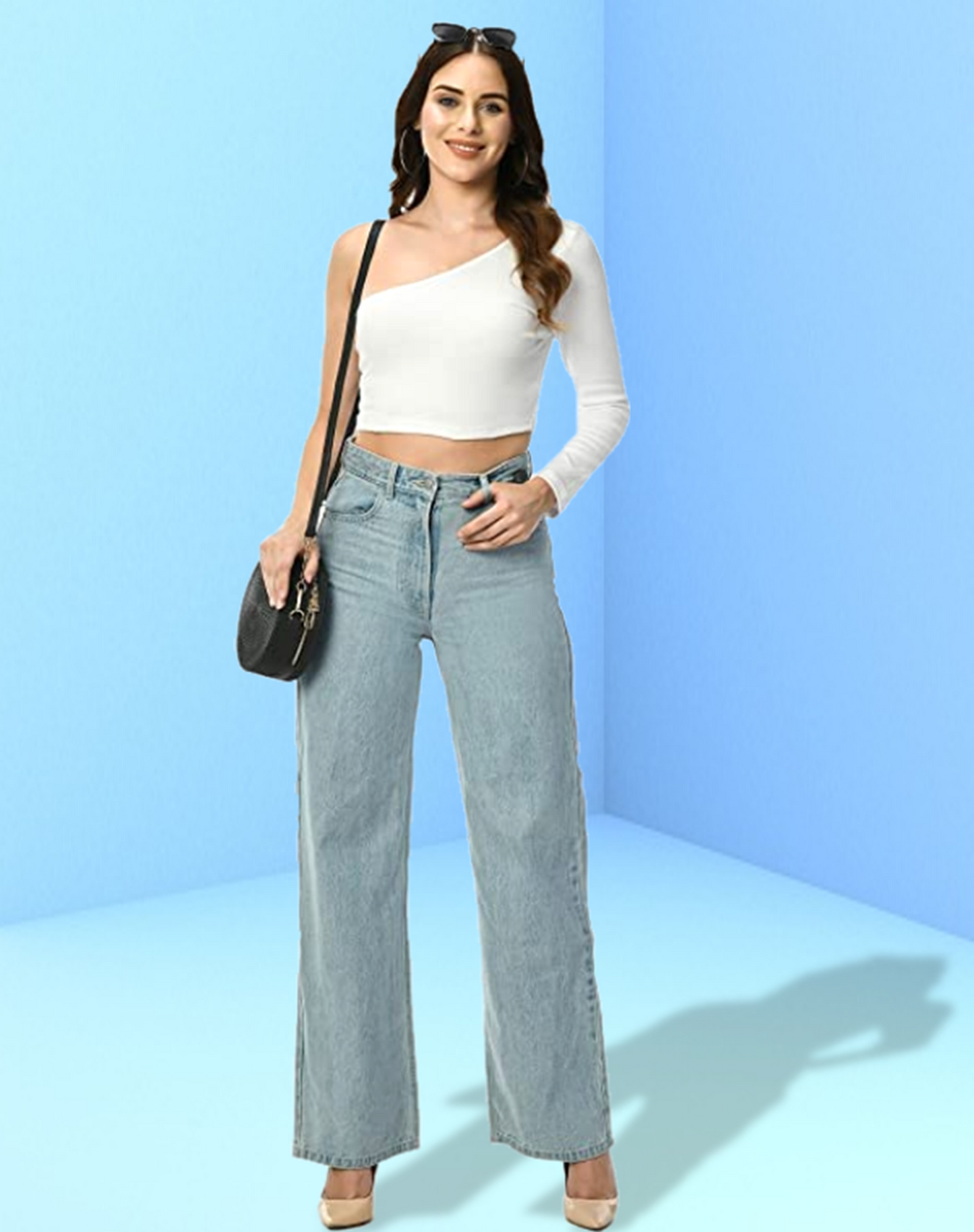 One shoulder solid white top for women