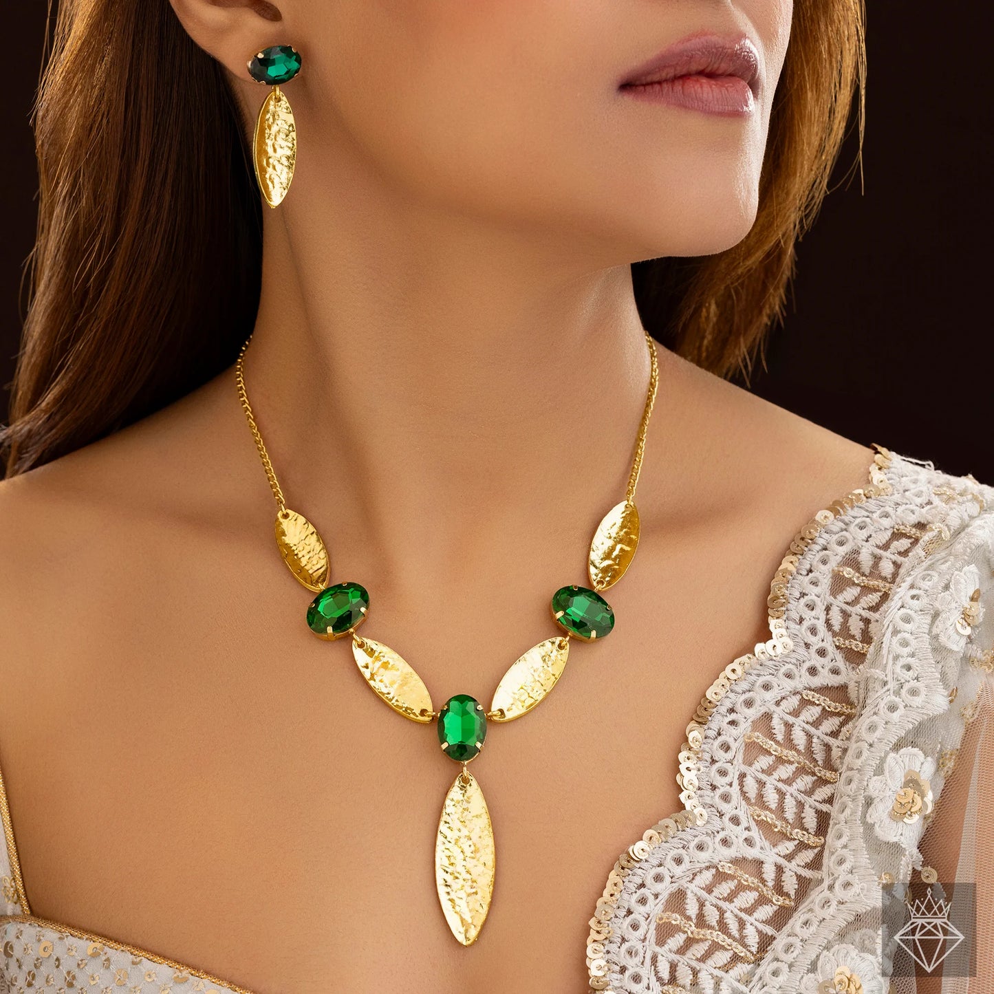 Gold Plated, Anti-Tarnish Marquise Emerald Necklace Set With Earrings✨