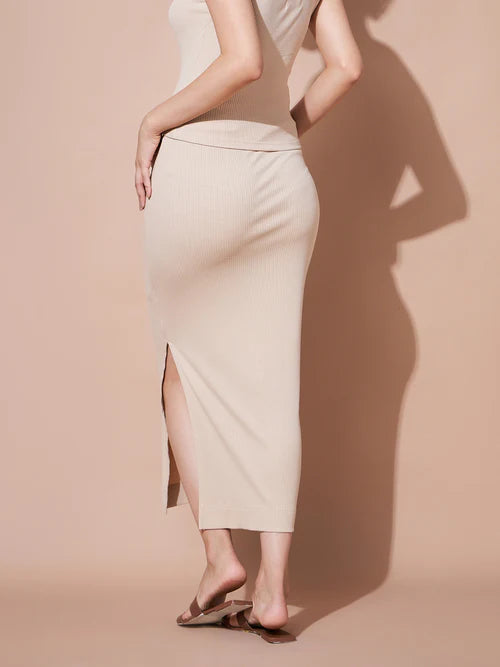 Solid Side slit ribbed Skirt for Women