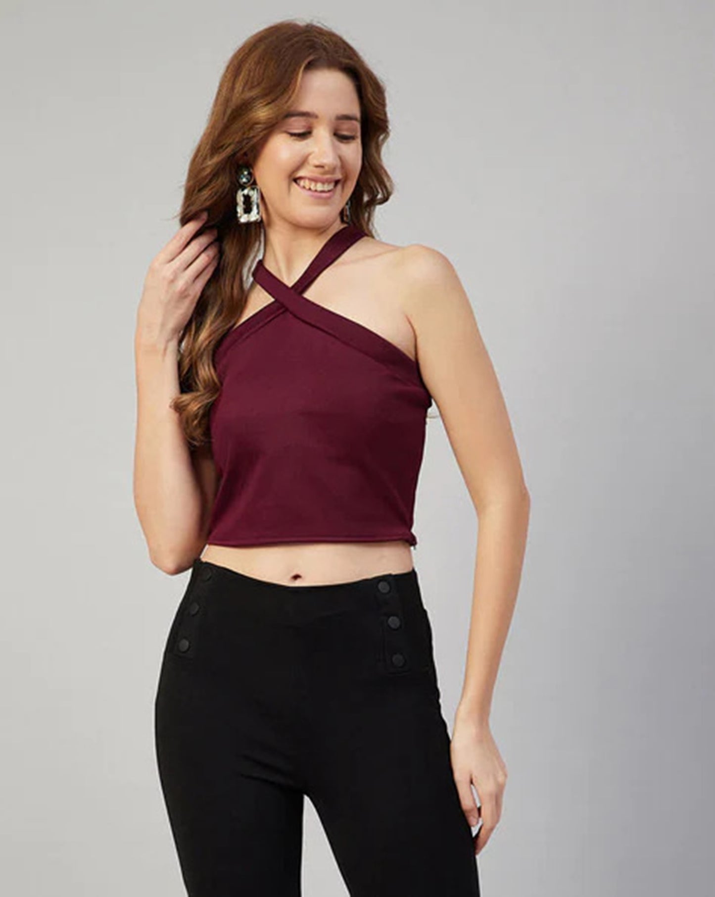 Maroon Halter Neck Lycra Crop Top
