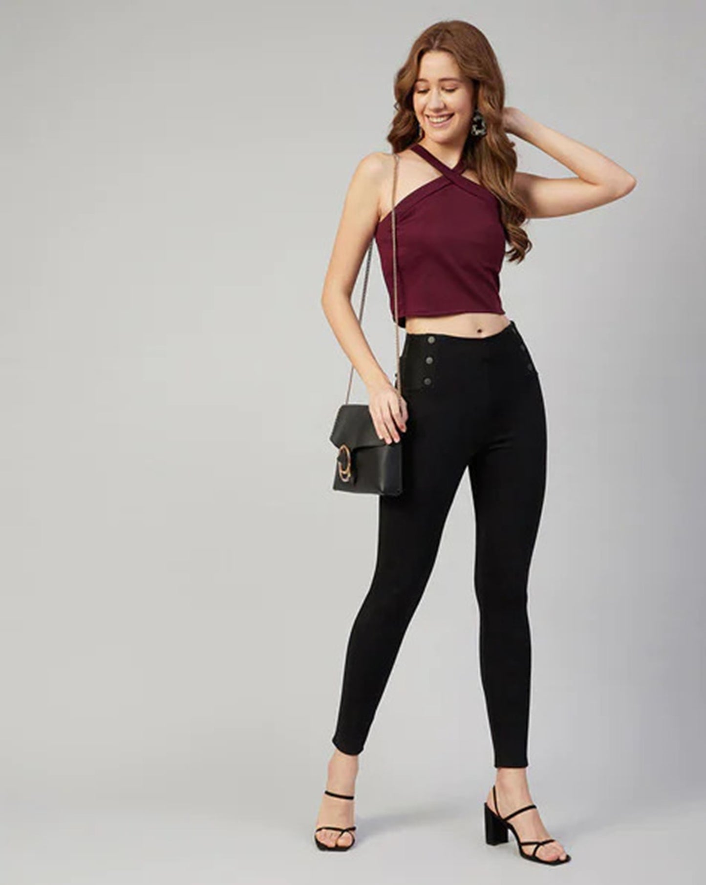Maroon Halter Neck Lycra Crop Top