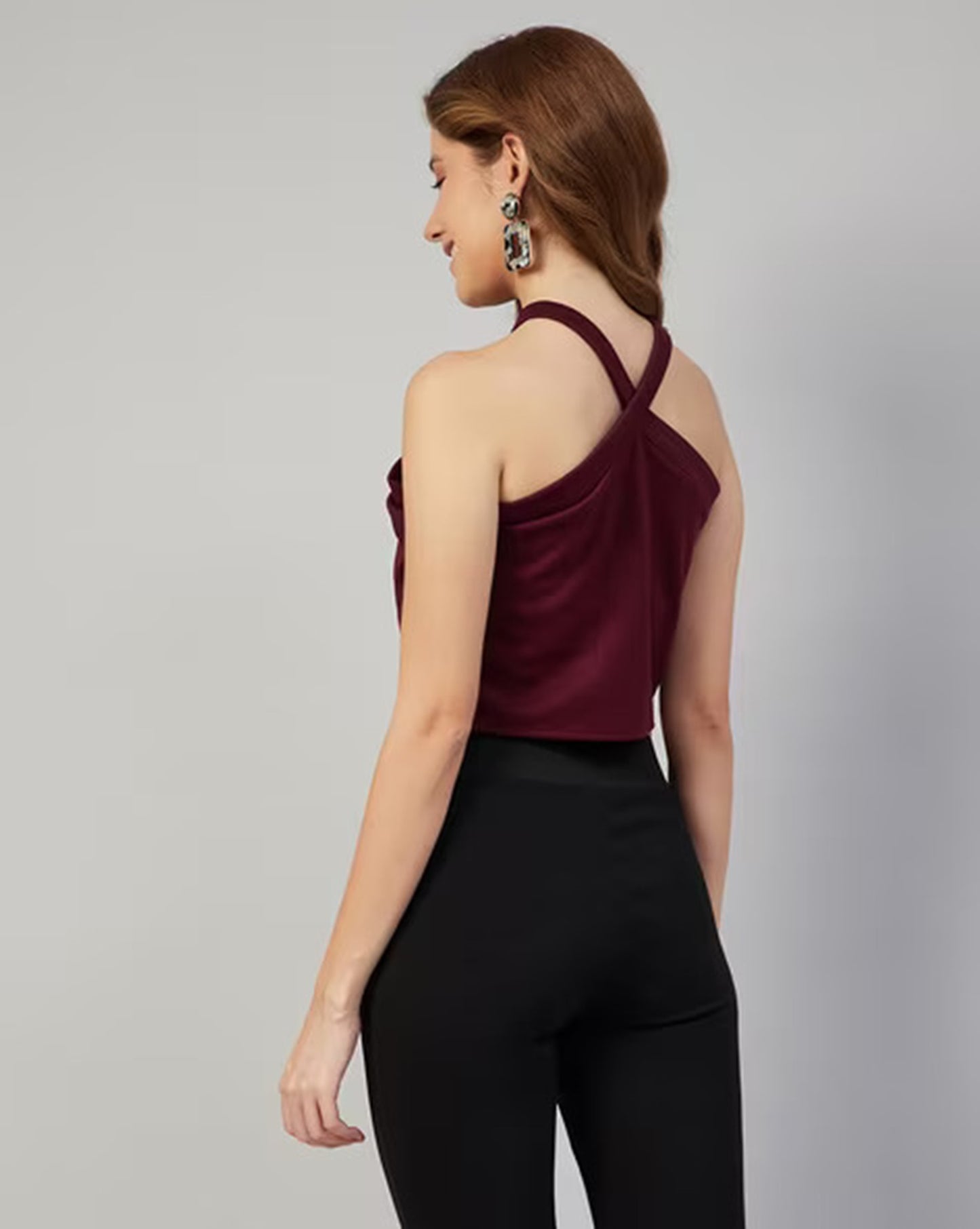 Maroon Halter Neck Lycra Crop Top