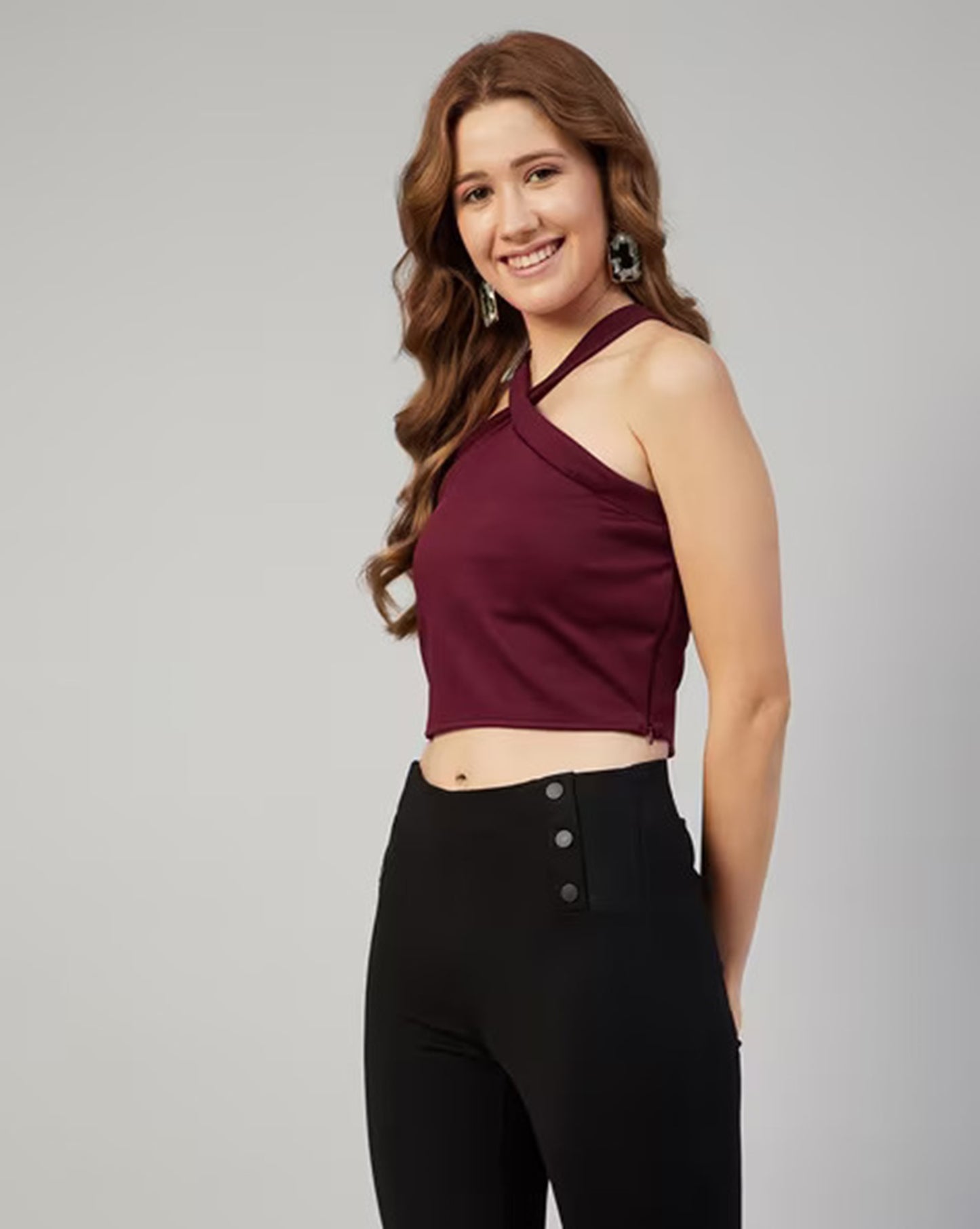 Maroon Halter Neck Lycra Crop Top
