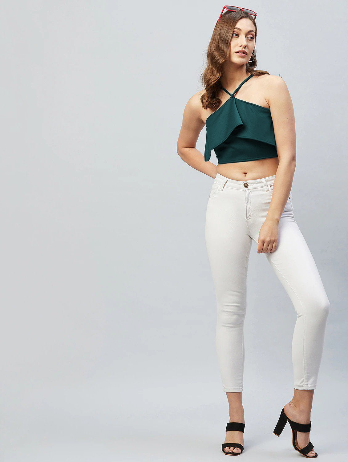 Dark Green Halter Neck Lycra Crop Top