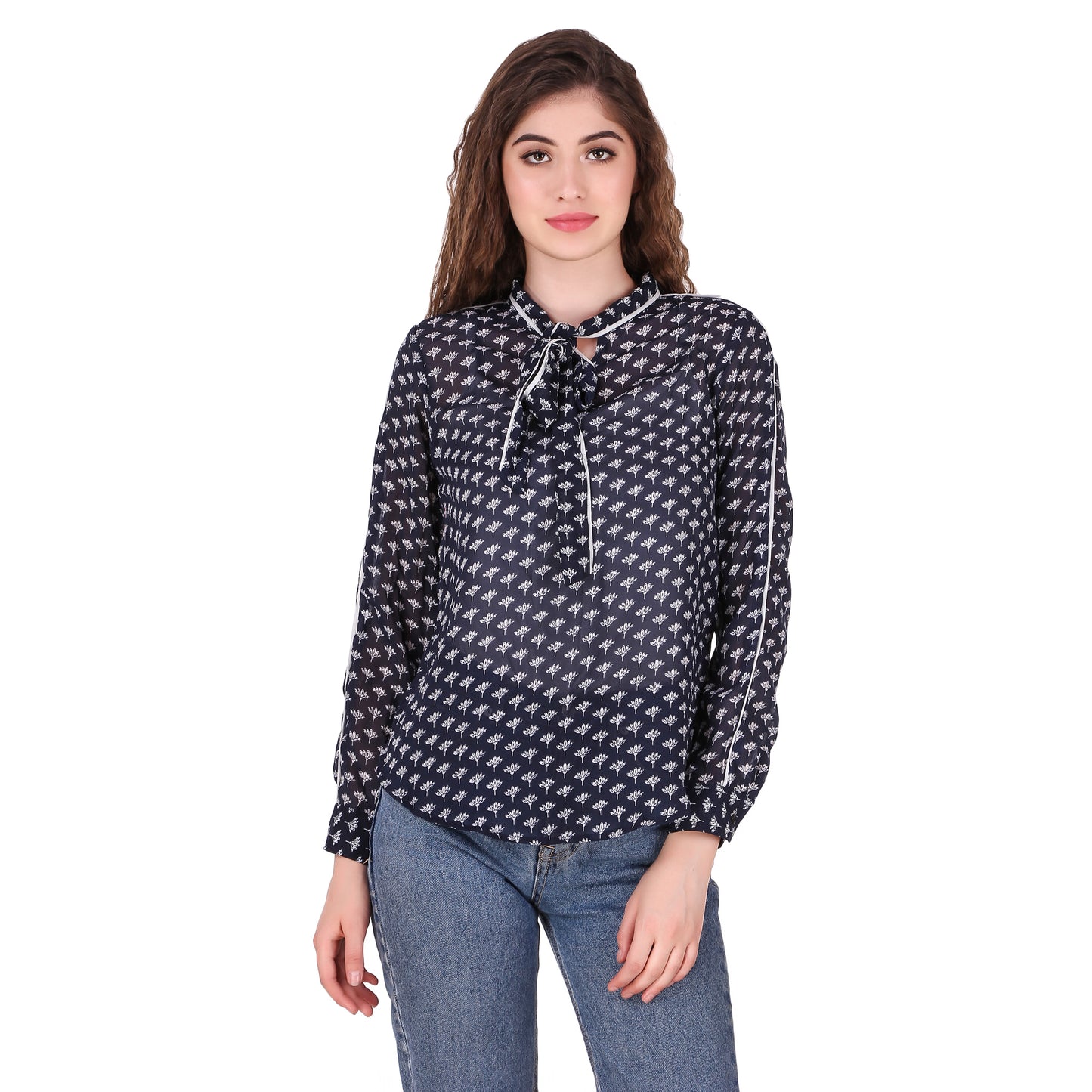 Blue Printed Tie Neck Georgette Top