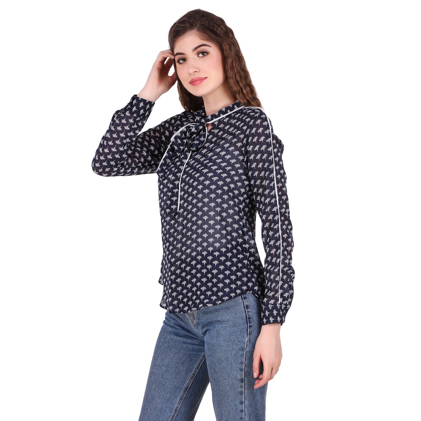 Blue Printed Tie Neck Georgette Top