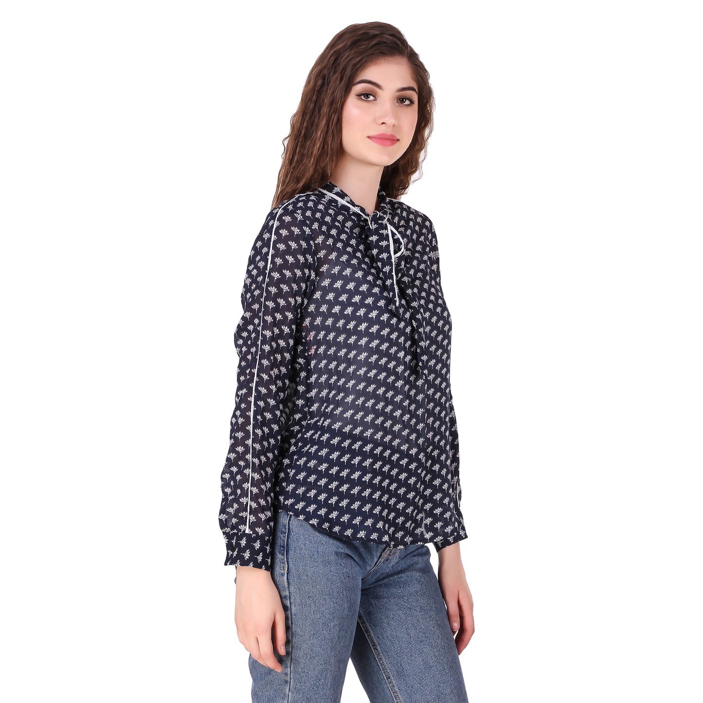 Blue Printed Tie Neck Georgette Top