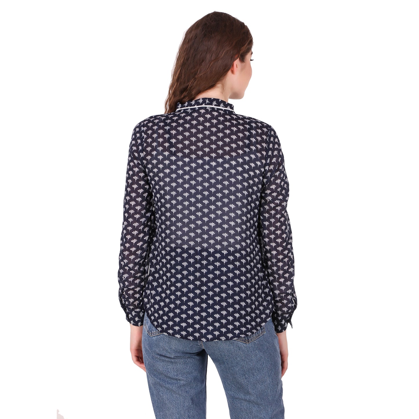 Blue Printed Tie Neck Georgette Top