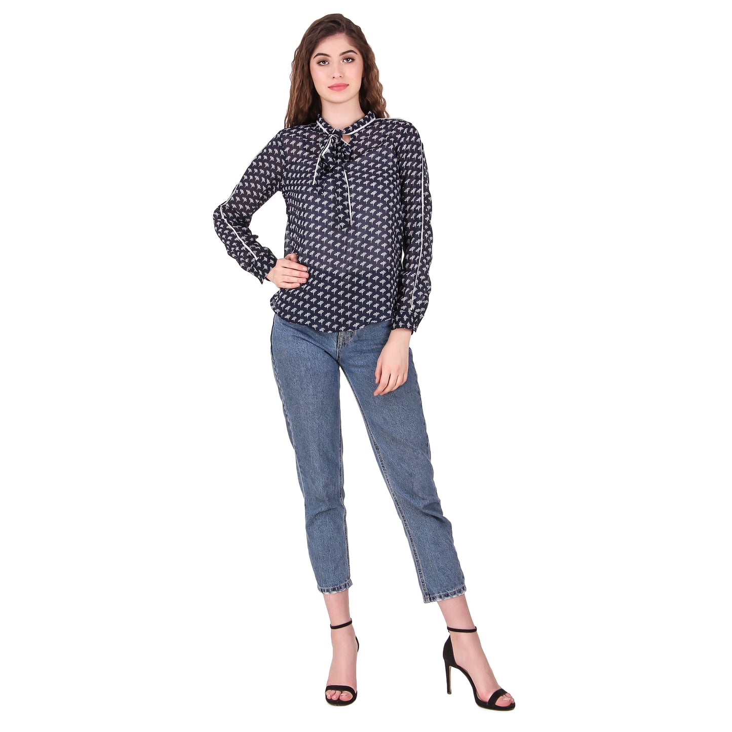 Blue Printed Tie Neck Georgette Top